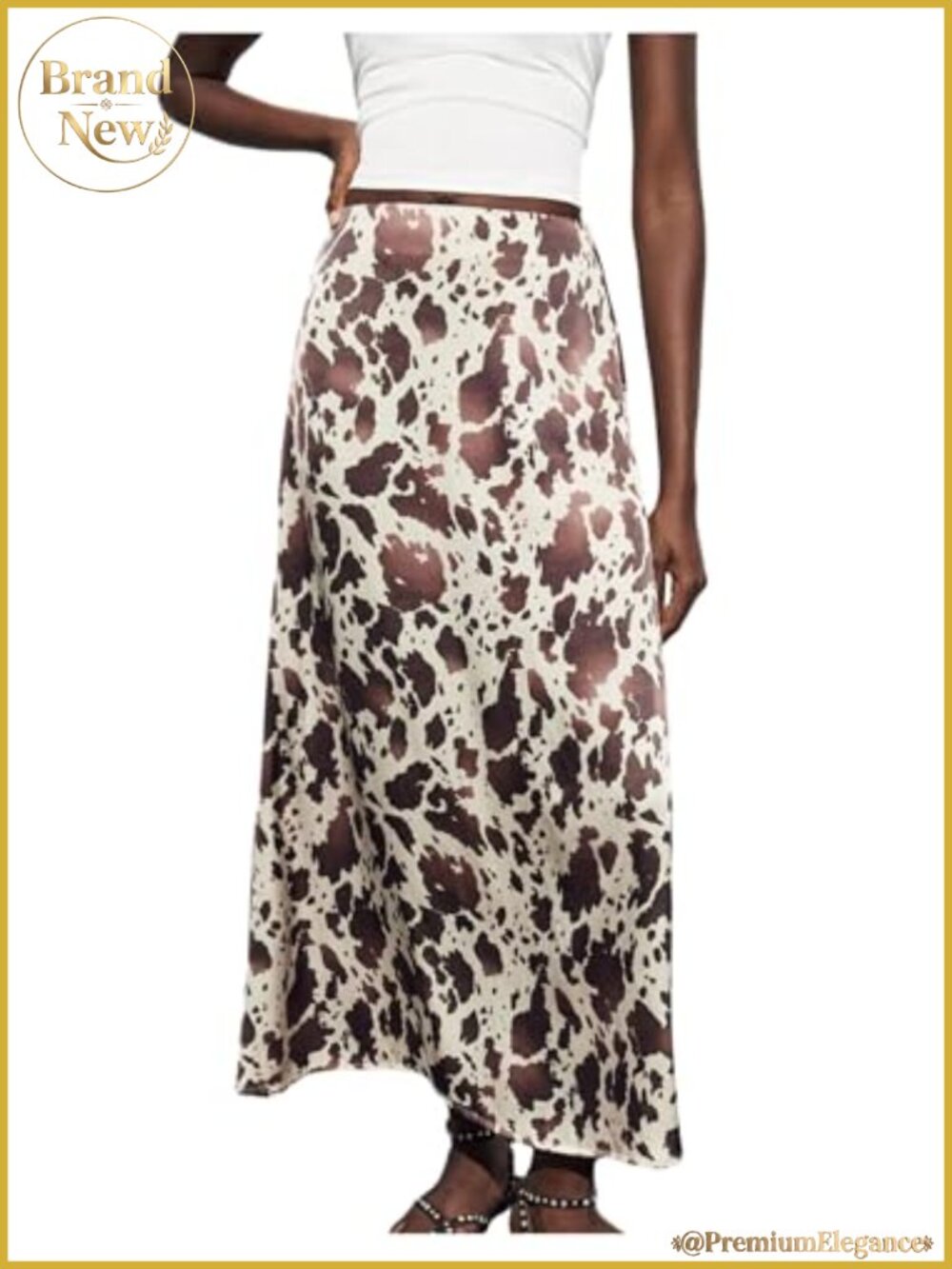 Women's Satin Cow Print Maxi Skirt Long Flare Y2K